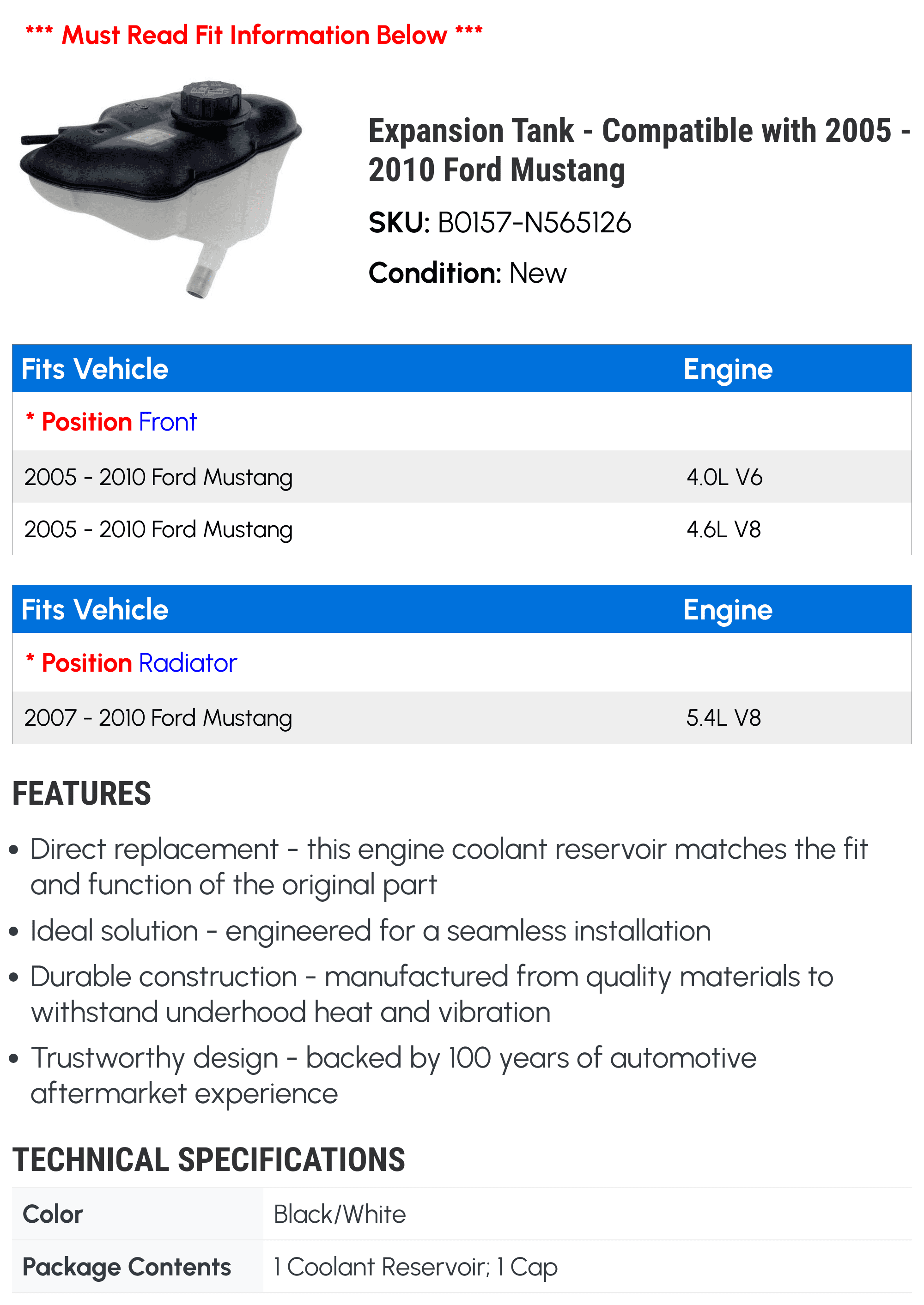 Expansion Tank - Compatible with 2005 - 2010 Ford Mustang - Dorman