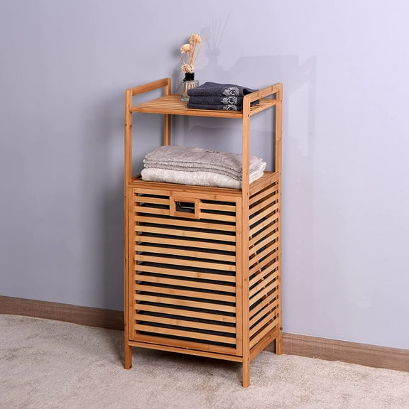 Bathroom Laundry Basket Bamboo Storage Basket with 2-Tier Shelf 17.32 x 13 x 37.8 inch