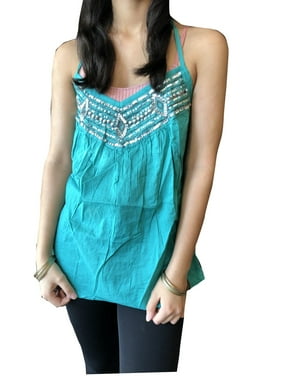 Mogul Women Tank Top Blue Sequence Work Blouse Sleeveless Boho Style Scoop Neck Summer Gypsy Tops M