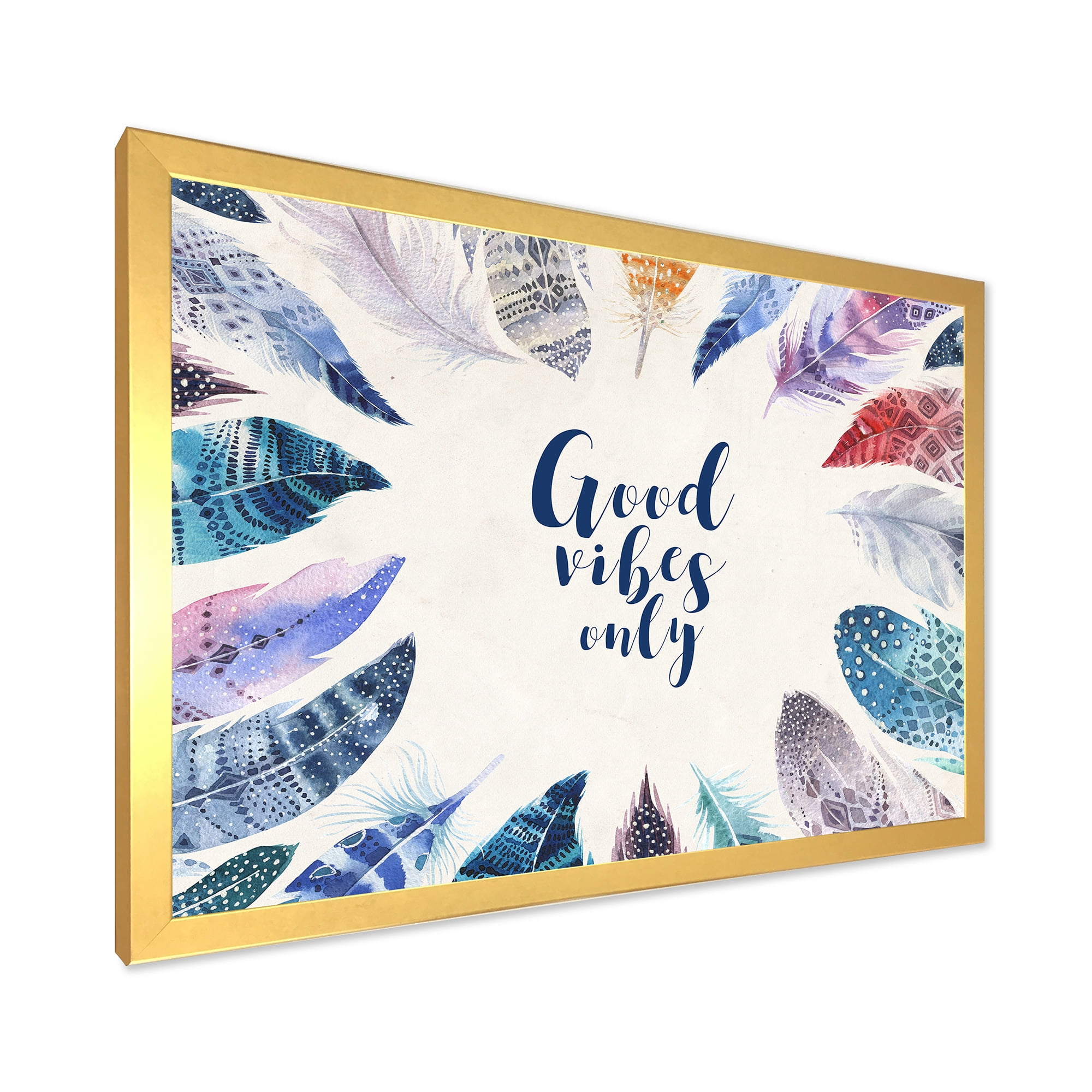 Designart 'Good VIbes Only Under Vibrant Blue Feathers' Bohemian & Eclectic Framed Art Print
