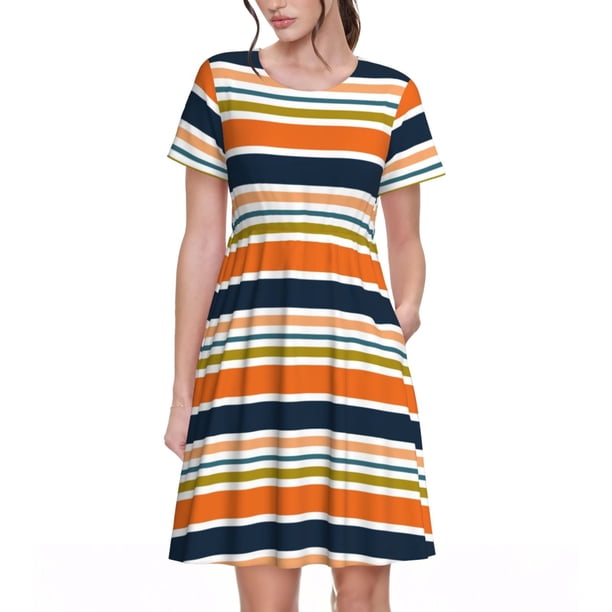 Disketp Colorful Pastel Stripes para Vestido de Manga Corta para Mujeres, Vestidos de Verano para Mujeres, Casual y Holgado para la Playa