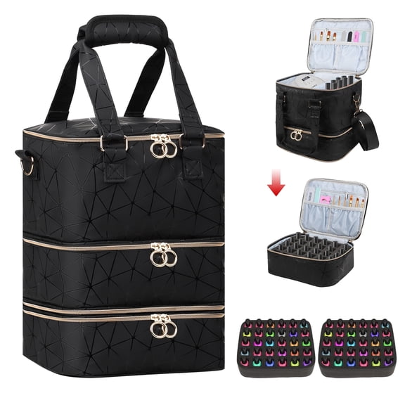 Nail Polish Organizer Case,3 Layer Nail Lamp Storage Bag Holds 60 Bottles Nail Bag &Nail Lamp,Nail Polish Carrying Case Nail Kit Supplies Organizer Bag - Black