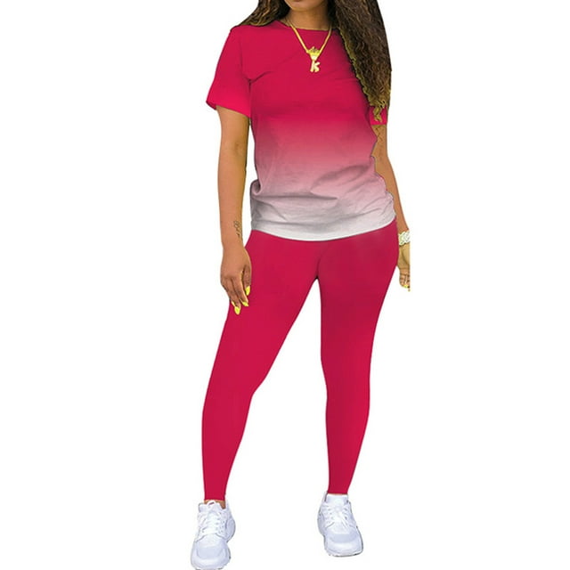 MAWCLOS Ensemble de Jogging pour Femmes Manches Courtes Survêtements Dégradé Ensemble Deux Pièces Boho Course Col Rond Ensembles de Détente Rose Rouge 2TG