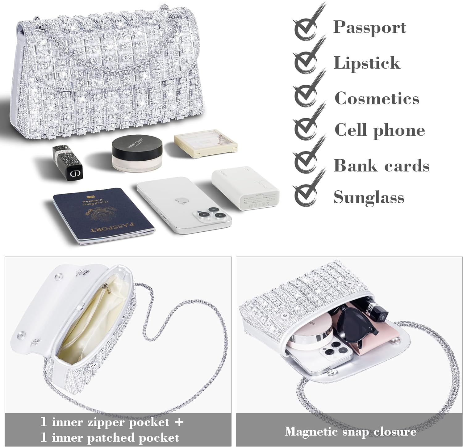 Rhinestone Clutch Purse Sparkling Silver Crystal Diamond