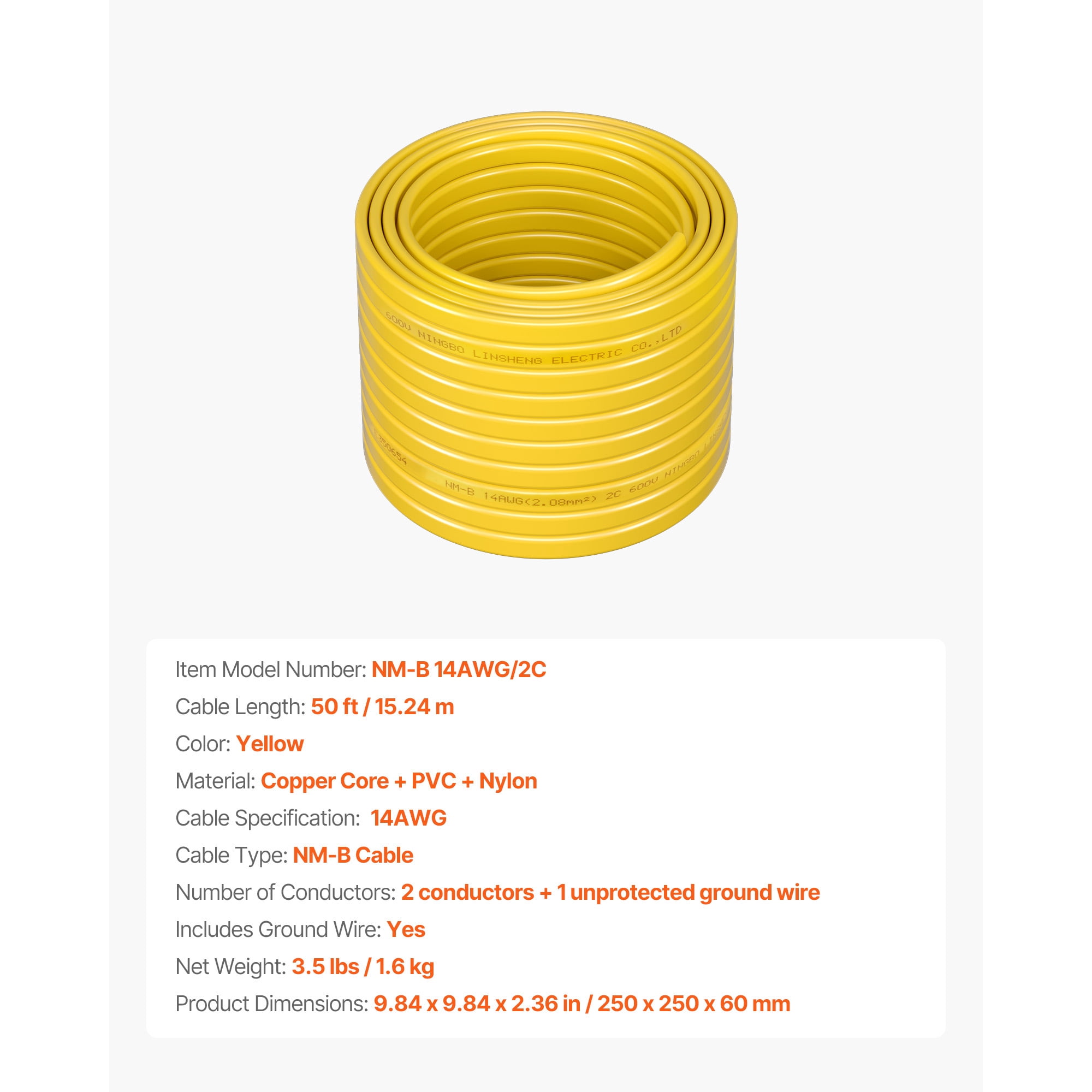 KFFKFF 14AWG/2C Non-Metallic Residential Indoor Electrical Wire with Ground, PVC Sheathed Copper Core Cable for Outlets, Switches, Lighting, and Wiring Tasks (50 ft)