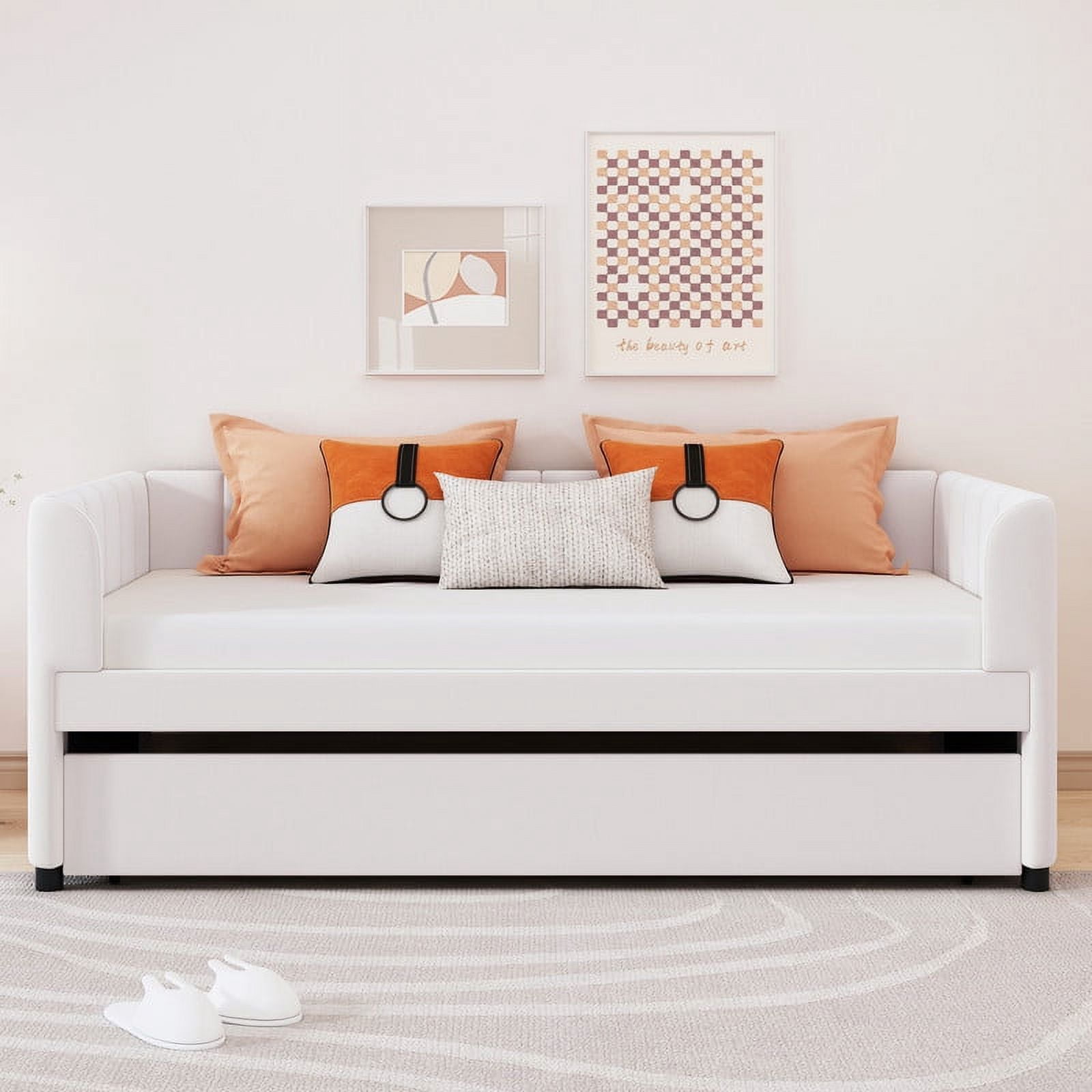 Aukfa Daybed with Trundle, Twin Size Upholstered Bed Frame, Velvet, Beige