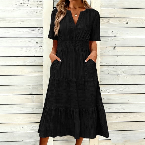 ClodeEU Women's Summer Jacquard V Neck Short Sleeve Dress ,Solid Color Casual Midi Dress Black,Women's Plus L