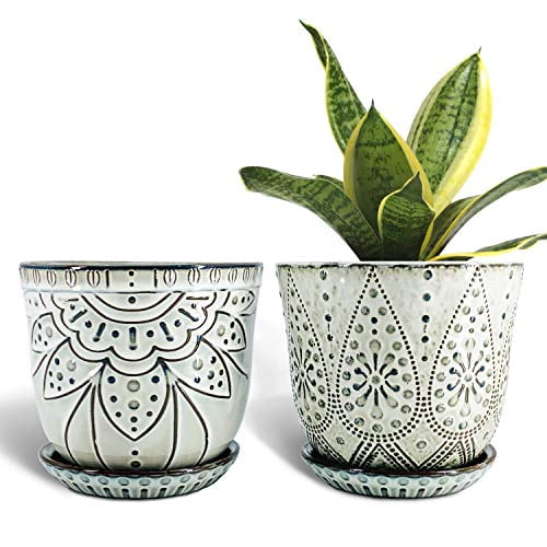 Gepege 6 Inch Beaded Ceramic Planter Set Of 2 With Drainage Hole And Saucer For Plants Indoor Outdoor Large Round Succulent Orchid Flower Pot Smoked White Inner Pots Not Larger Than 5 Succulent Orchid Flower Pot, Large Outdoor Flower Pots With Drainage