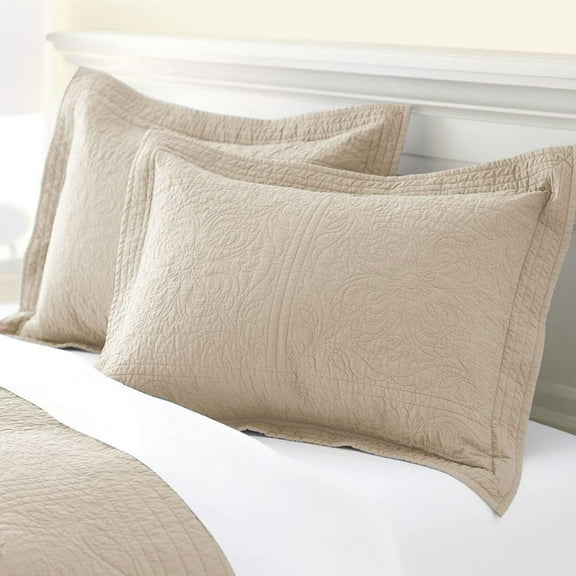 NAMZI 100% Cotton 2-Piece Quilted Pillow Shams Standard Size Floral Printed Decorative Pillow Covers Khaki