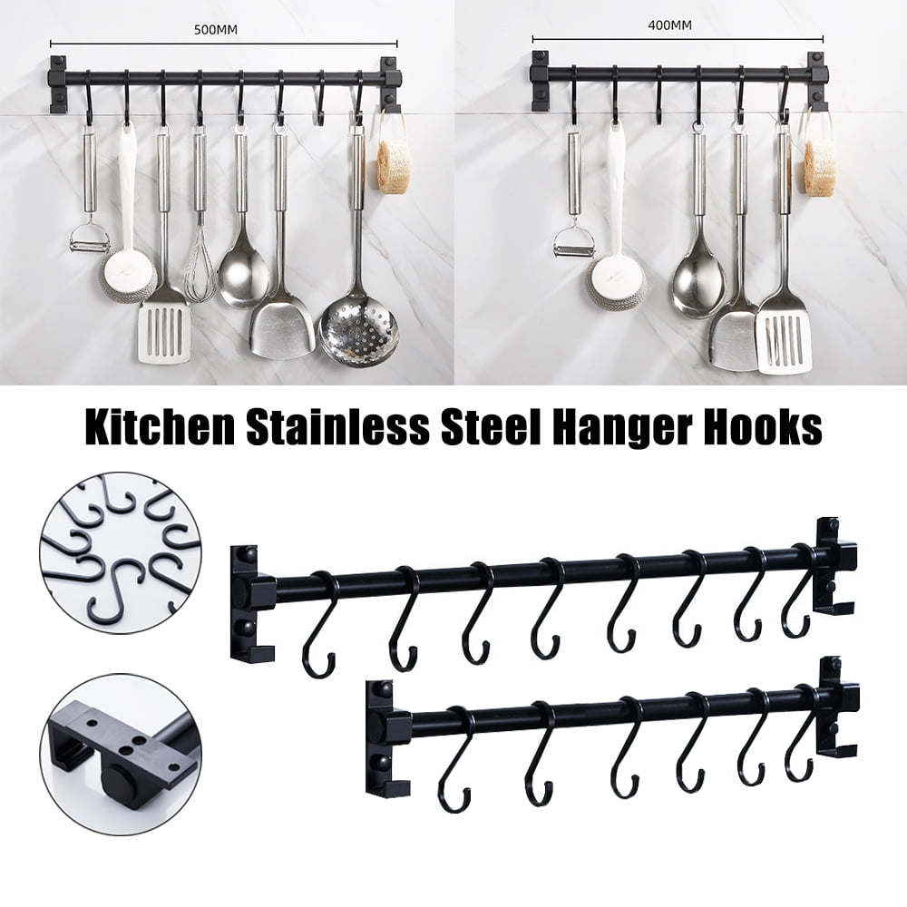 Kitchen Racks Wall Mount Pot Pan Bar Rack 50cm Metal Hanging Rail Kitchen Utensils Hanger Organiser with 8 Hooks Black