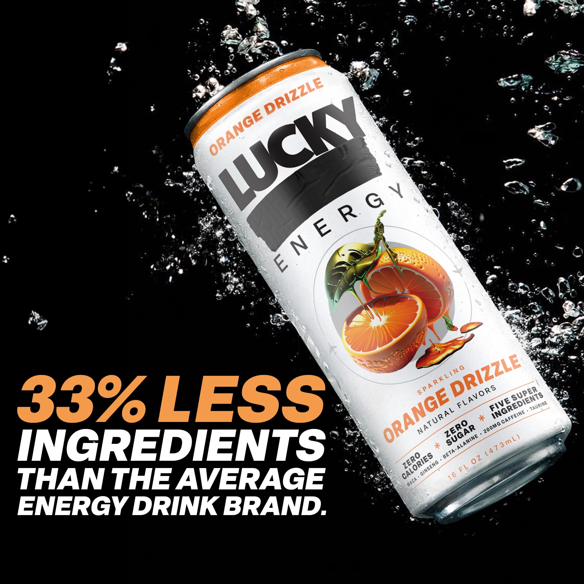 Lucky Energy Sugar Free Energy Drinks, Orange Drizzle, 16oz Cans (12-Pack) Healthy, Zero Sugar Energy Drink with Maca, Ginseng, Beta-Alanine, Taurine & 200mg Caffeine