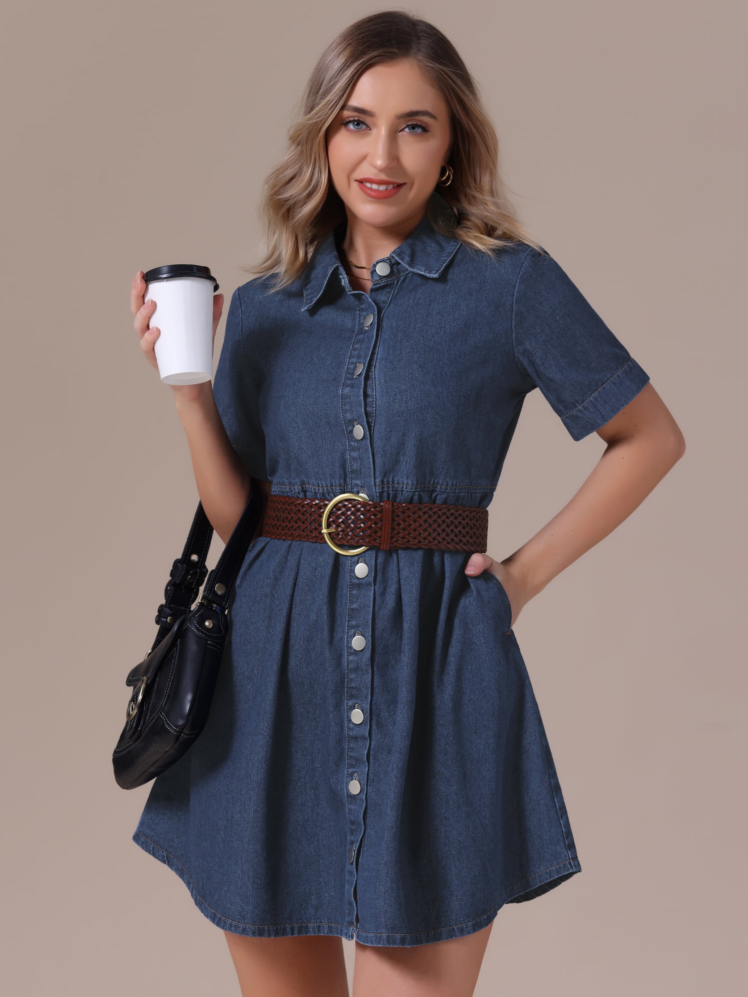 DARING DIVA Women's Denim Babydoll Collared Short Sleeve Button Down Dress XL Deep Blue