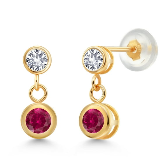 Gem Stone King 14k Yellow Gold Red Created Ruby and White Created Sapphire Two Stone Dangle Earrings for Women (0.76 Cttw, Gemstone July Birthstone, Round 4MM, Round 3MM)