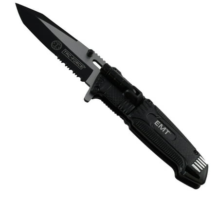 Emt Pocket - Black Folding Blade Spring Assist Rescue Pocket Knife Flashlight EMT Gift