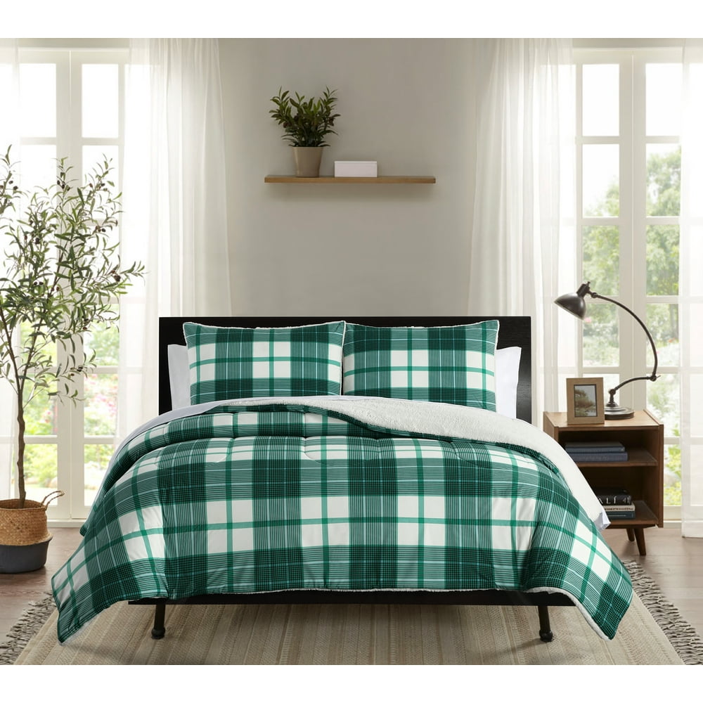 Mainstays Green and White Glenn Check Cozy Flannel Reverse to Super Soft Sherpa Comforter Set