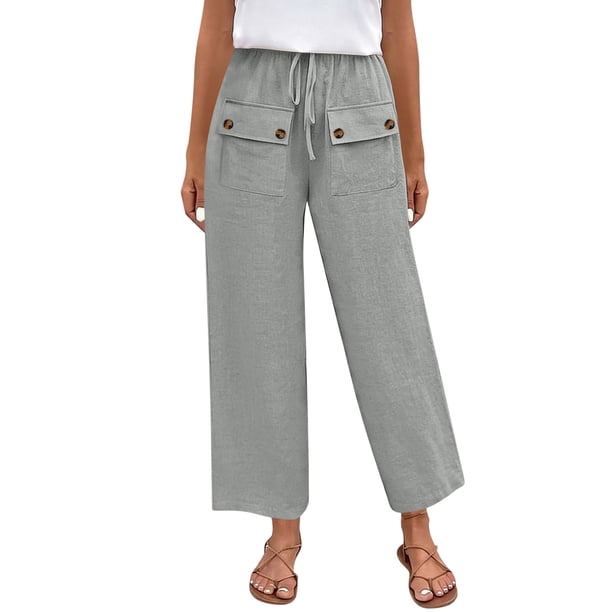 Pantalones Elásticos de Cintura para Mujeres Pantalones Largos de Cordón de Mezcla de Lino Sólido con Bolsillos Laterales Casual, Pantalones de Lino de Mujer con Bolsillos