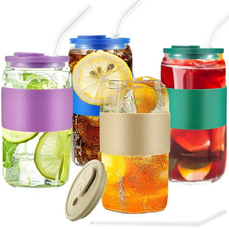 

4Pcs Drinking Glass with Lid 16oz Transparent Glass Cup Can Shaped Leak-proof Tumbler Cup Travel Water Bottle Cup with Straw and Cleaning Brush for Water Cocktail Whiskey Soda