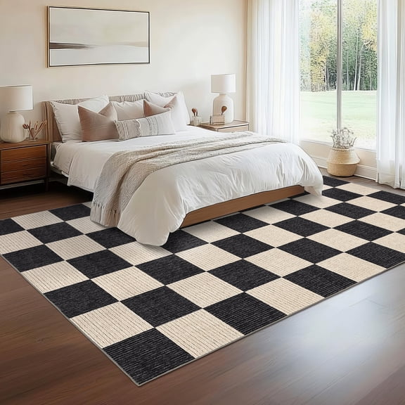 HIWEAVER Camel Black 5' x 7' Neutral Checkered Area Rug for Living Room Washable Non Slip Modern Indoor Carpet for Bedroom Decor Farmhouse