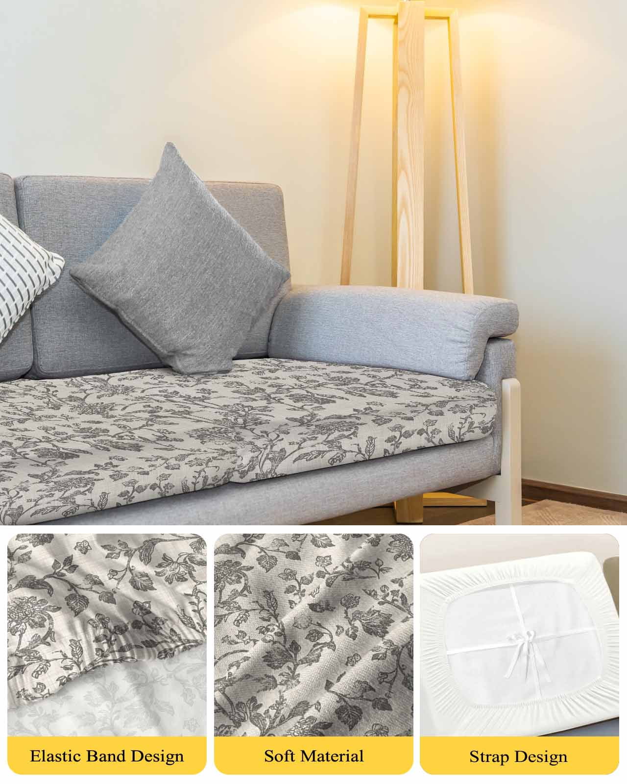 Farmhouse Grey Couch Cushion Covers Stretch, Washable Sofa Seat Covers Individual Seat Cushion Sofa Slipcovers Vintage Flower Leaf Botanical Plant Couch Cover Furniture Protector L-1PCS