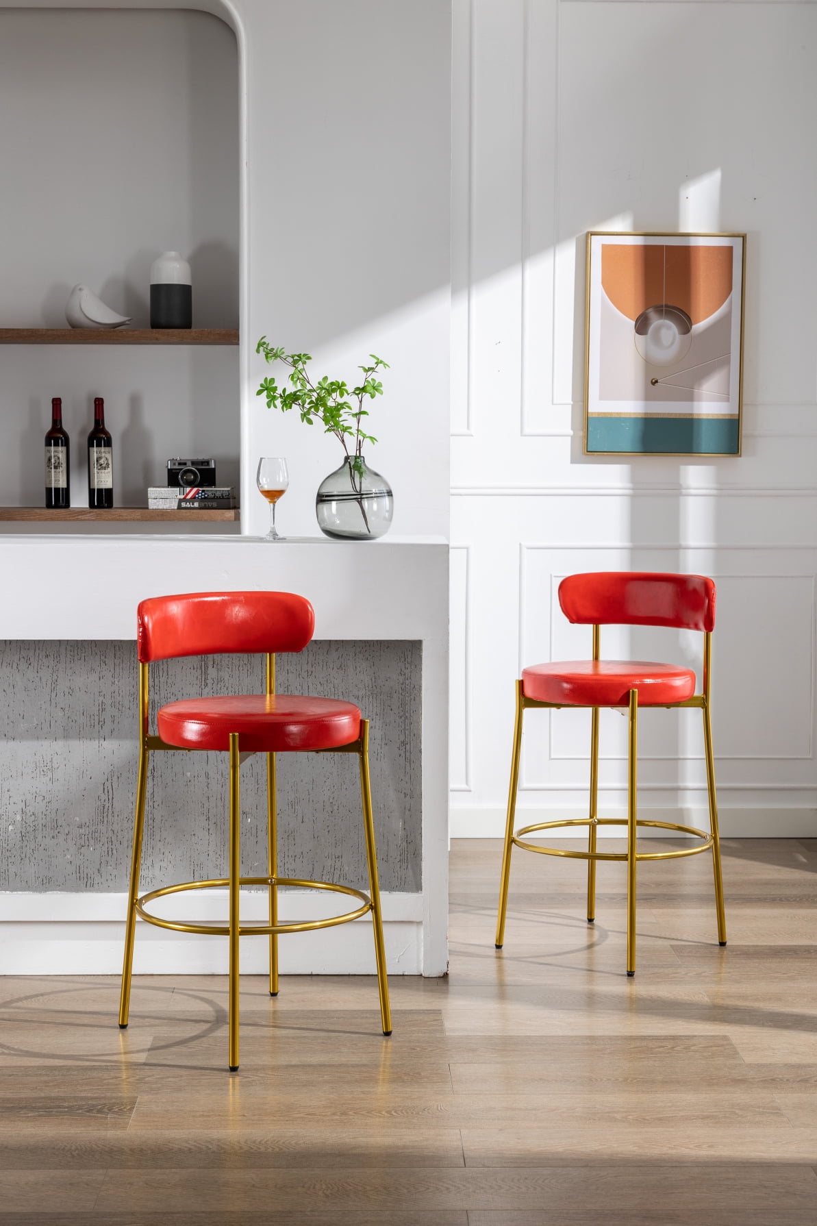 Pub Barstools Set of 2, Industrial Bar Chairs with Metal Legs and Backrest, Modern Armless