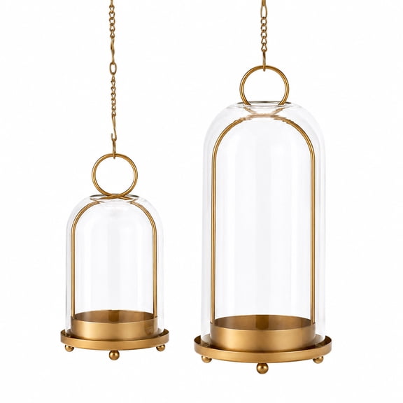 Naeqieo 5" & 4" Hurricane Glass Candle Holders Set of 2, Metal Hanging Candle Holder with Glass Dome, for Home Decor, Table Decorations, Centerpiece, Gold