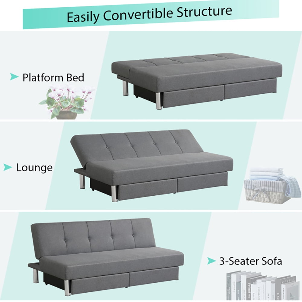 Finihen Convertible Sofa Bed, Modern Convertible Sleeper Couch, 3-Seat Convertible Sofa Bed with 2 Large Drawers and 3 Adjustable Angles, for Living Room, Gray