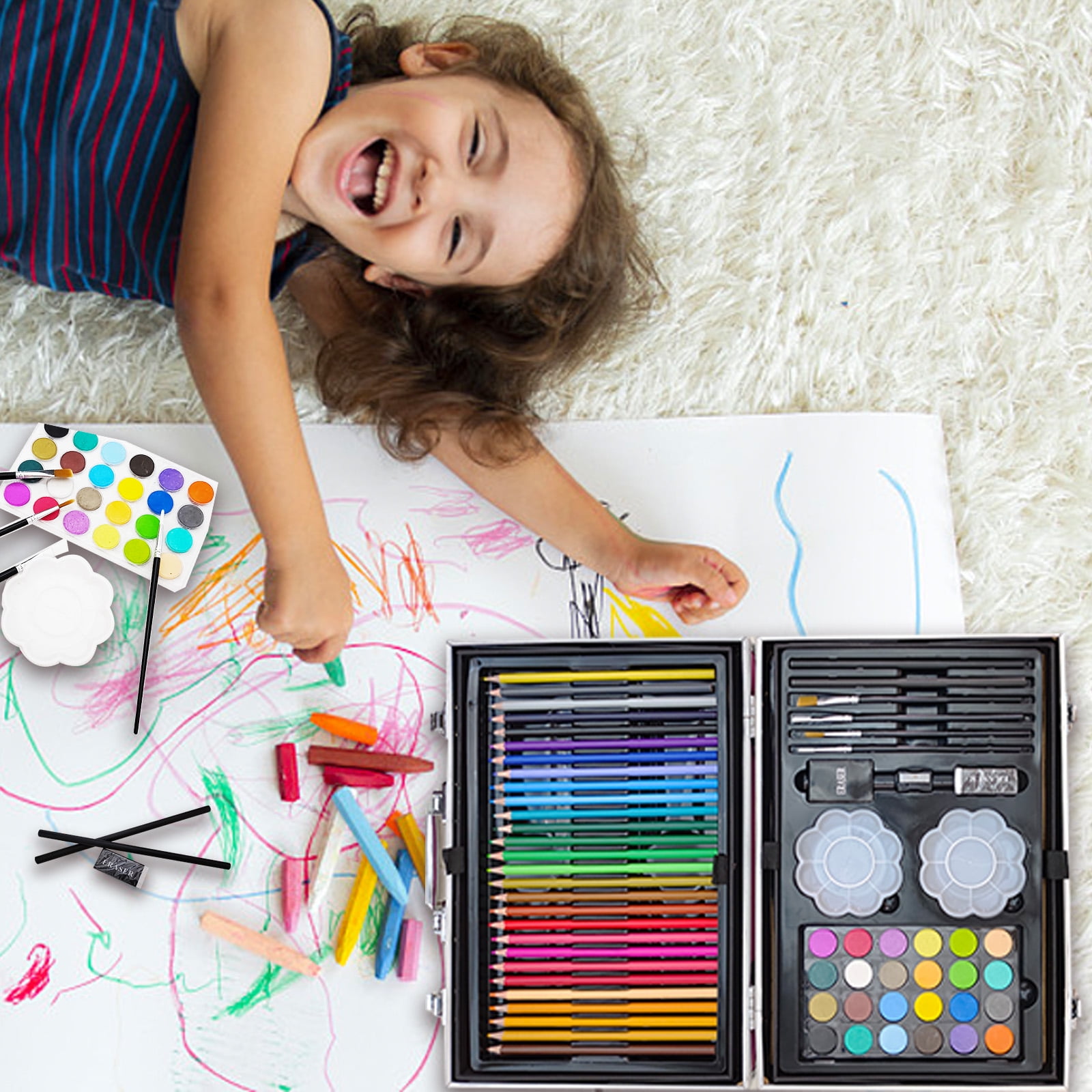 145 Piece Childrens Artist Aluminium Art Case Colouring Set Paints