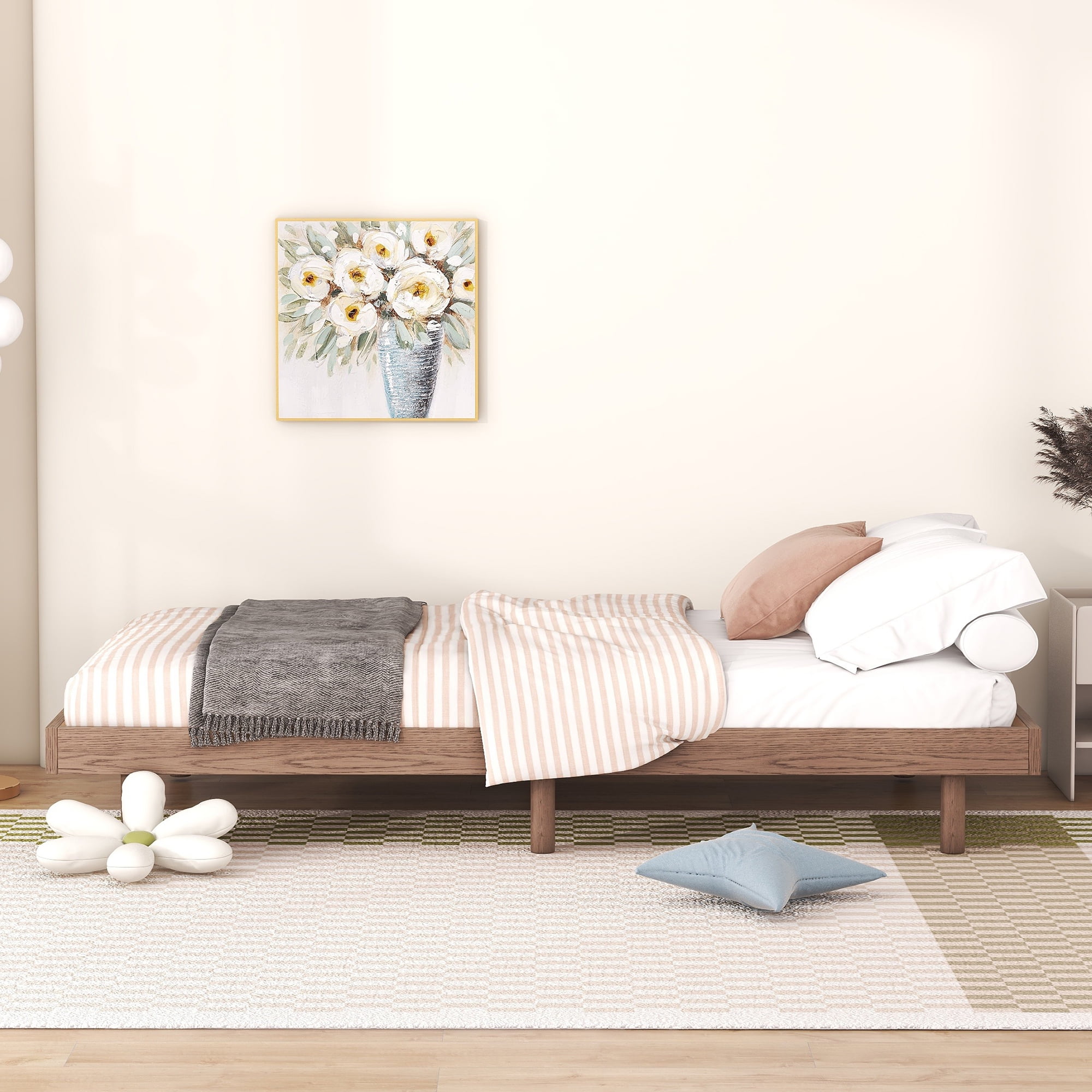 Miniyam Wood Twin Size Floating Bed for Kids and Teens, Walnut