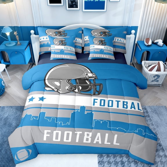 Homewish Football Game Gaming 7-Piece Twin Bedding Sets,Rugby Sport City Bedding Comforter Set,Gray Blue Sheet Sets For Teens,Luxury Bedroom Decor Reversible