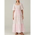 thumbnail image 5 of Pink Boho Floral Print Square Neck Puff Sleeve A-Line Tiered Maxi Dress With Smocked Waist, 5 of 8