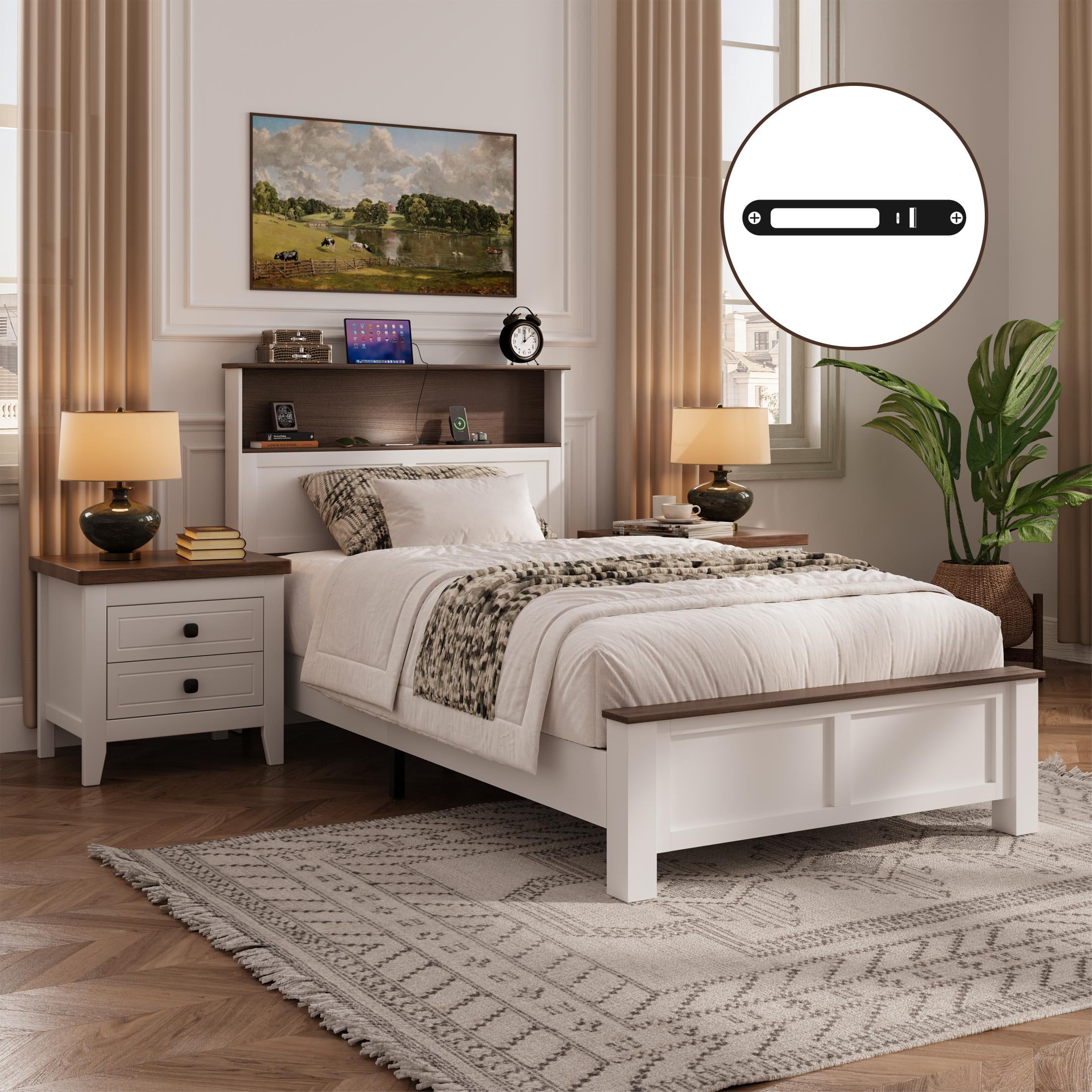 PAPROOS Twin Bed Frame with Charging Station and LED Light, Twin Size wood Platform Bed with Headboard and Footboard, No Box Spring Needed, White&Brown