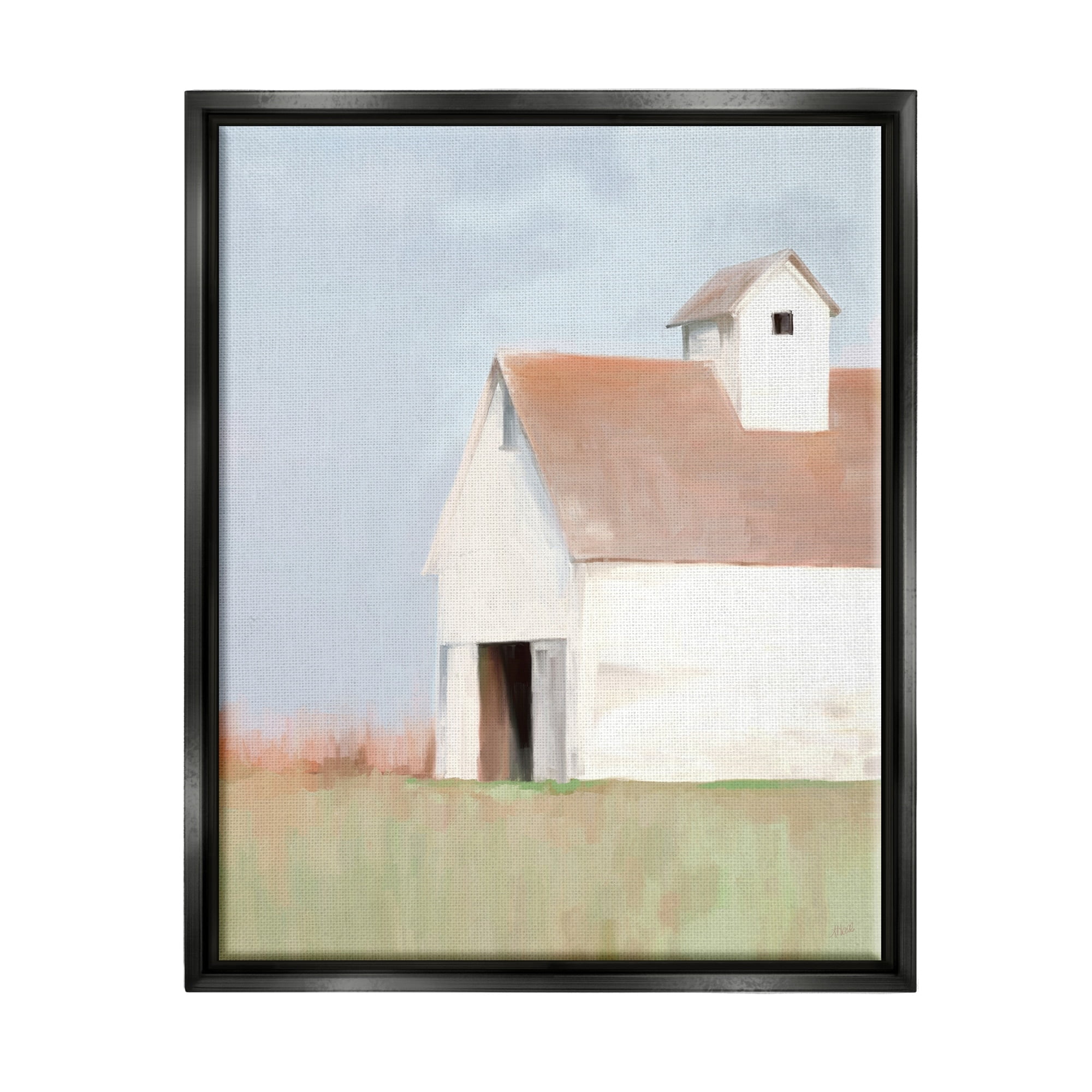 Stupell Industries Rural Countryside Field Casual White Barn House Painting Luster Gray Floating Framed Canvas Print Wall Art, Design by Amy Hall
