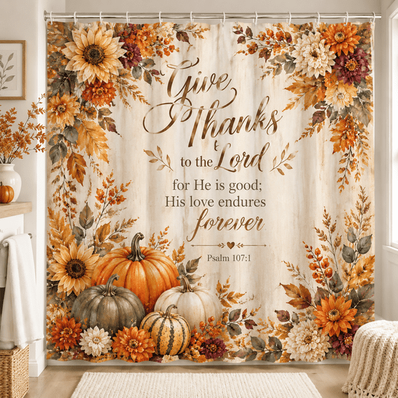 CasaVelle Fall Shower Curtain, Give Thanks Pumpkin Floral Design, Polyester Fabric Bathroom Decor, Autumn Thanksgiving Shower Curtain, 36 x 72 in