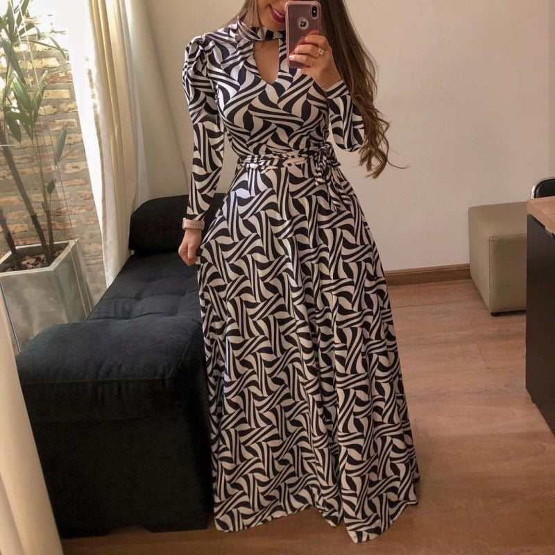 Women Fashion Print One Piece Dress Hanging Neck Waistband Long Sleeve Short Sleeve Long Skirt Home Party Evening Party Outdoors Walmart Com