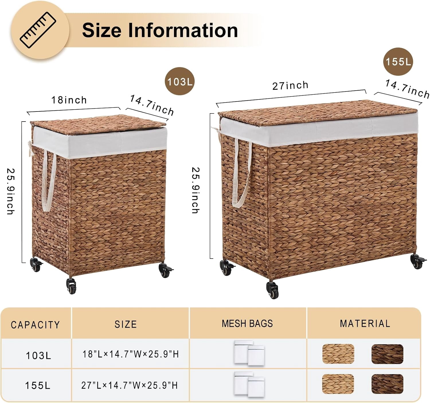 Casa Pura Furniture 2-Section Laundry Hamper with Lid, Water Hyacinth Woven Laundry Sorter with Removable Liners, Rolling or Non-Slip Design