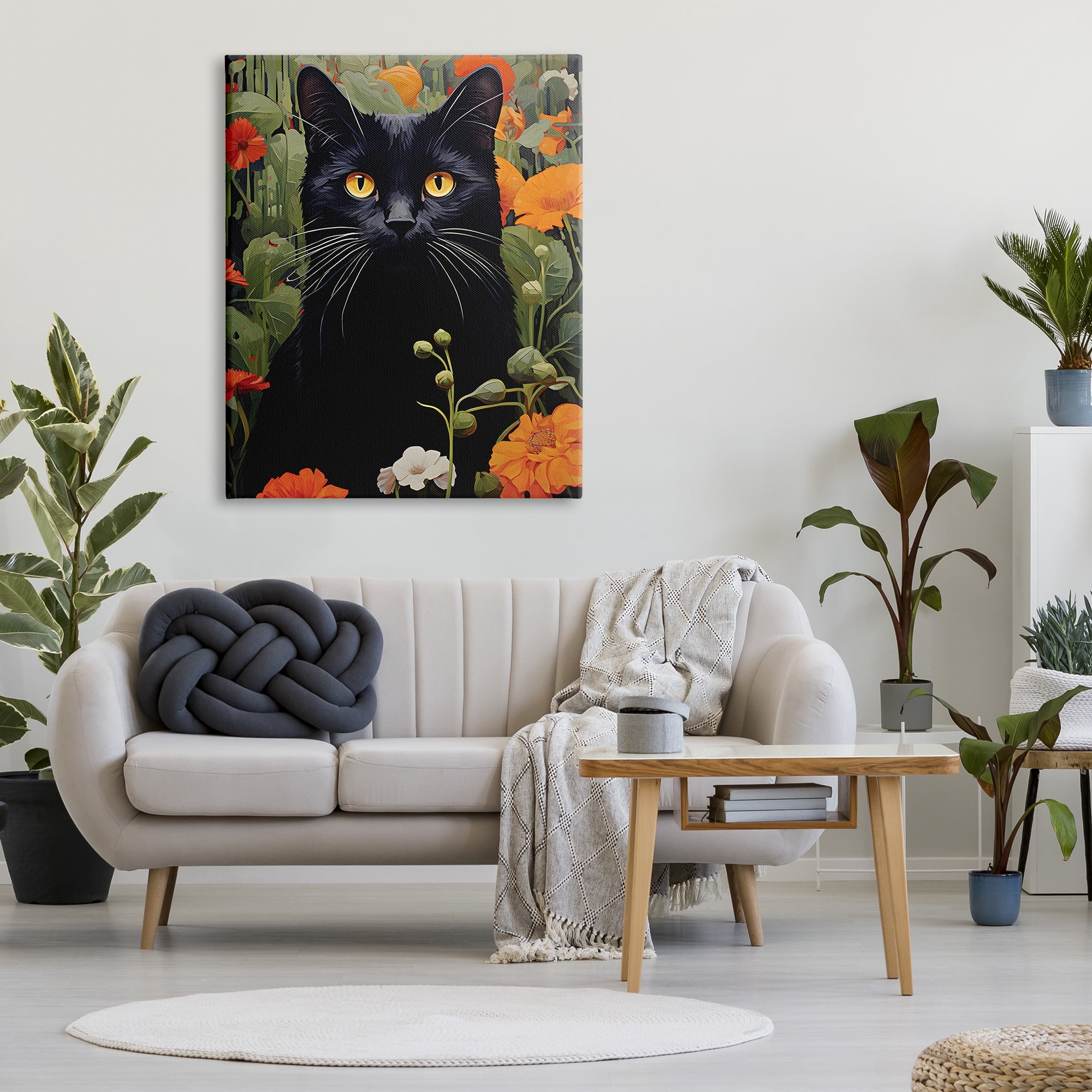 Stupell Industries Black Cat Garden Flowers Animals & Insects Painting Gallery Wrapped Canvas Art Print Wall Art, 36 x 48