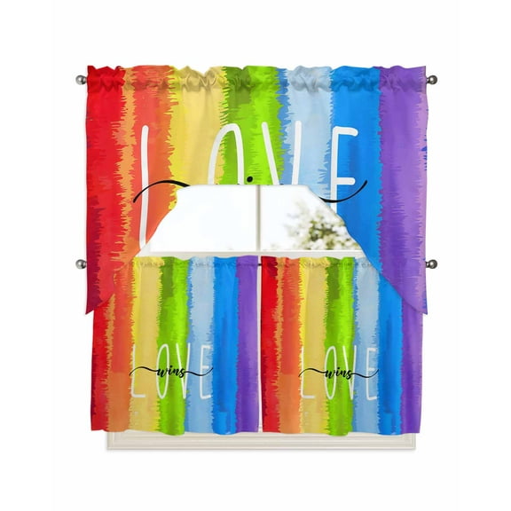 Rainbow Kitchen Curtains Swag Valance and Tier Curtains Set 24 Inch Length, Cartoon Colorful Gradient Striped Funny Art Rod Pocket Drape Panels Pair Swag Curtains for Bathroom/Cafe/Window