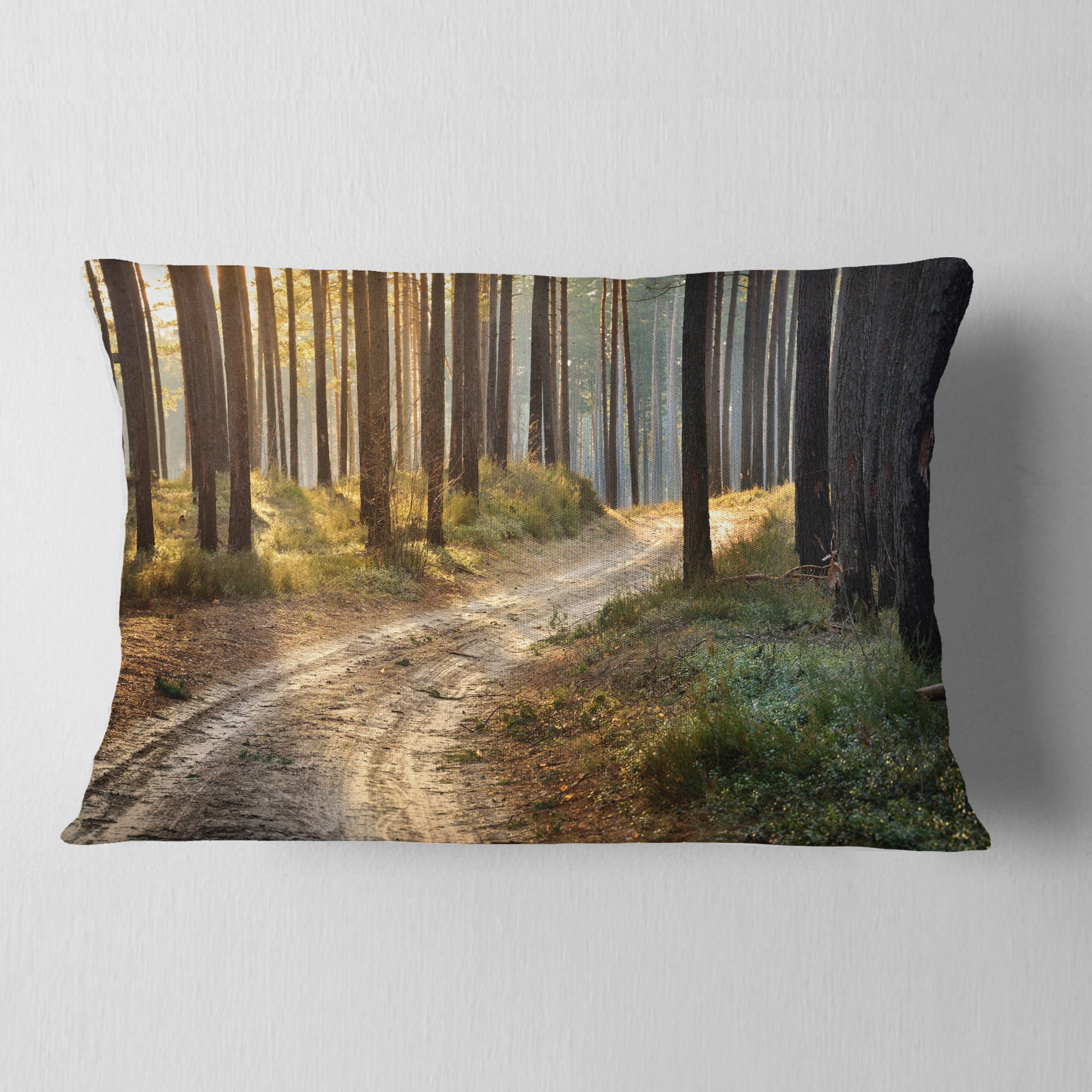 Designart Road in Thick Morning Forest - Landscape Photo Throw Pillow - 12x20