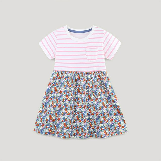 Soldes de Liquidation d'Été Iumwxz Tunique Brodée Fluide Robe Décontractée Robes à Boutons Col Ras du Cou Robe Graphique Florale à Manches Courtes pour Enfants Robes Athlétiques pour Fête 2-8a
