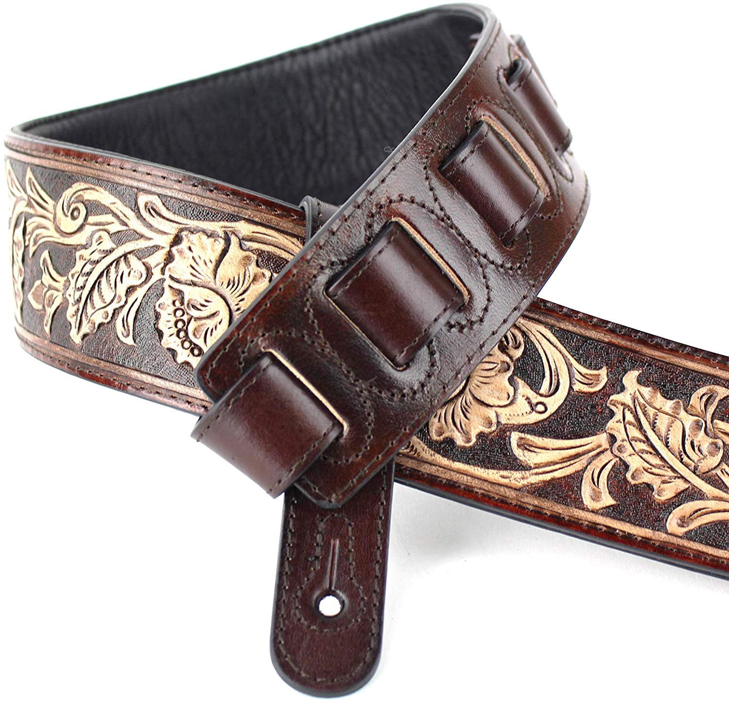 Walnut Brown Carving Leather Padded Guitar Strap With Hand Carved Traditional Western Tooling WW-KH-02-BRN