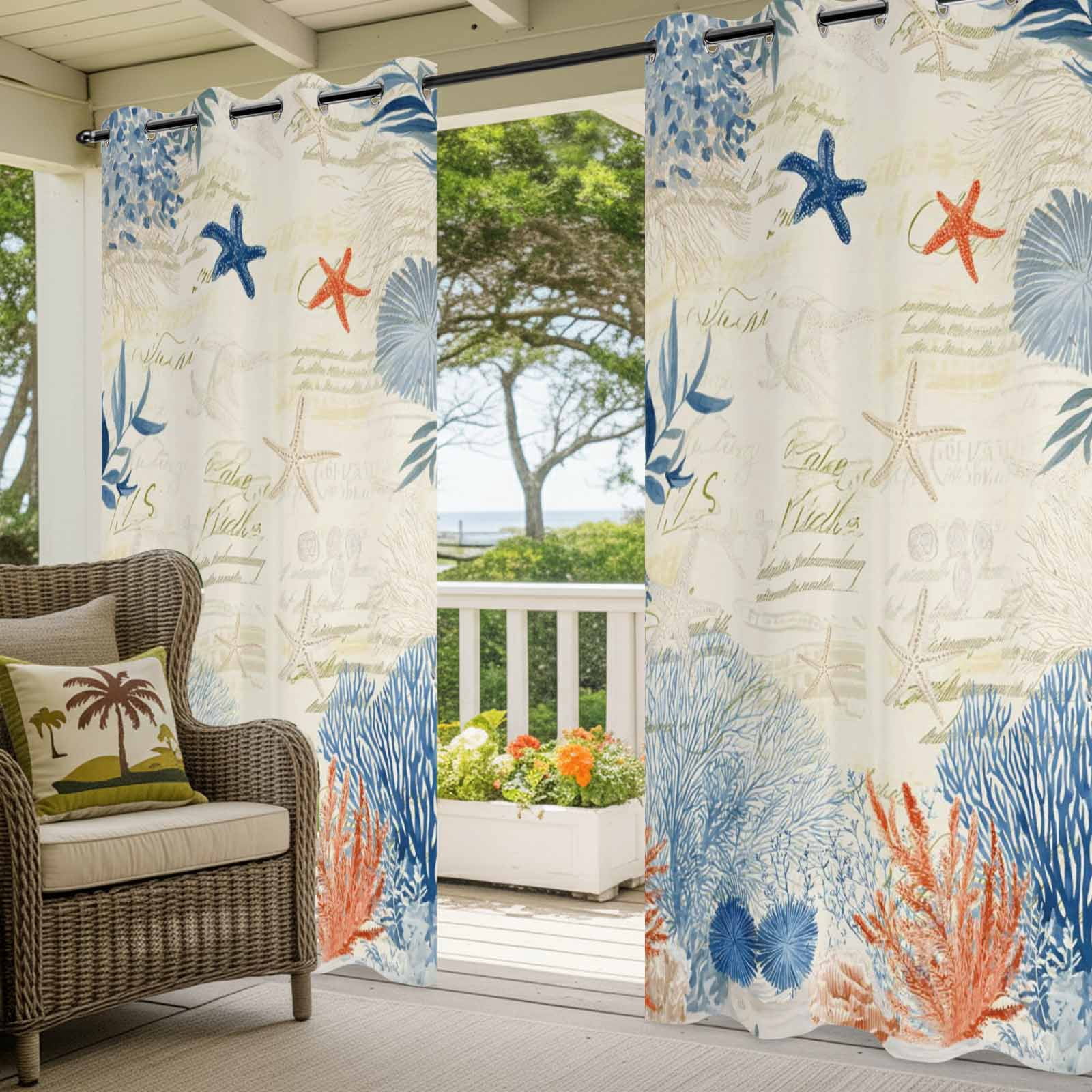 Ocean Corals Outdoor Curtains for Patio, Summer Beach Coral Sea Stars Retro Texture Sunshade Privacy Drapes Grommet Waterproof Outside Curtains for Porch/Cabana/Balcony 54"x 108", 1 Panel
