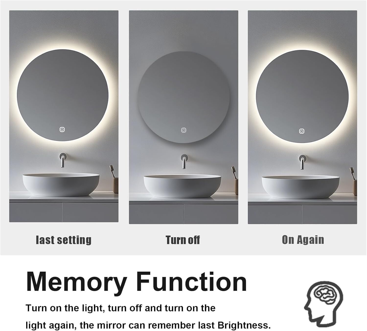 20 Inch Round LED Bathroom Mirror with Lights, Lighted Vanity Bathroom Mirror with Backlit, Stepless Dimmable & 3 Colors (3000K/4000K/6000K), IP54 Waterproof