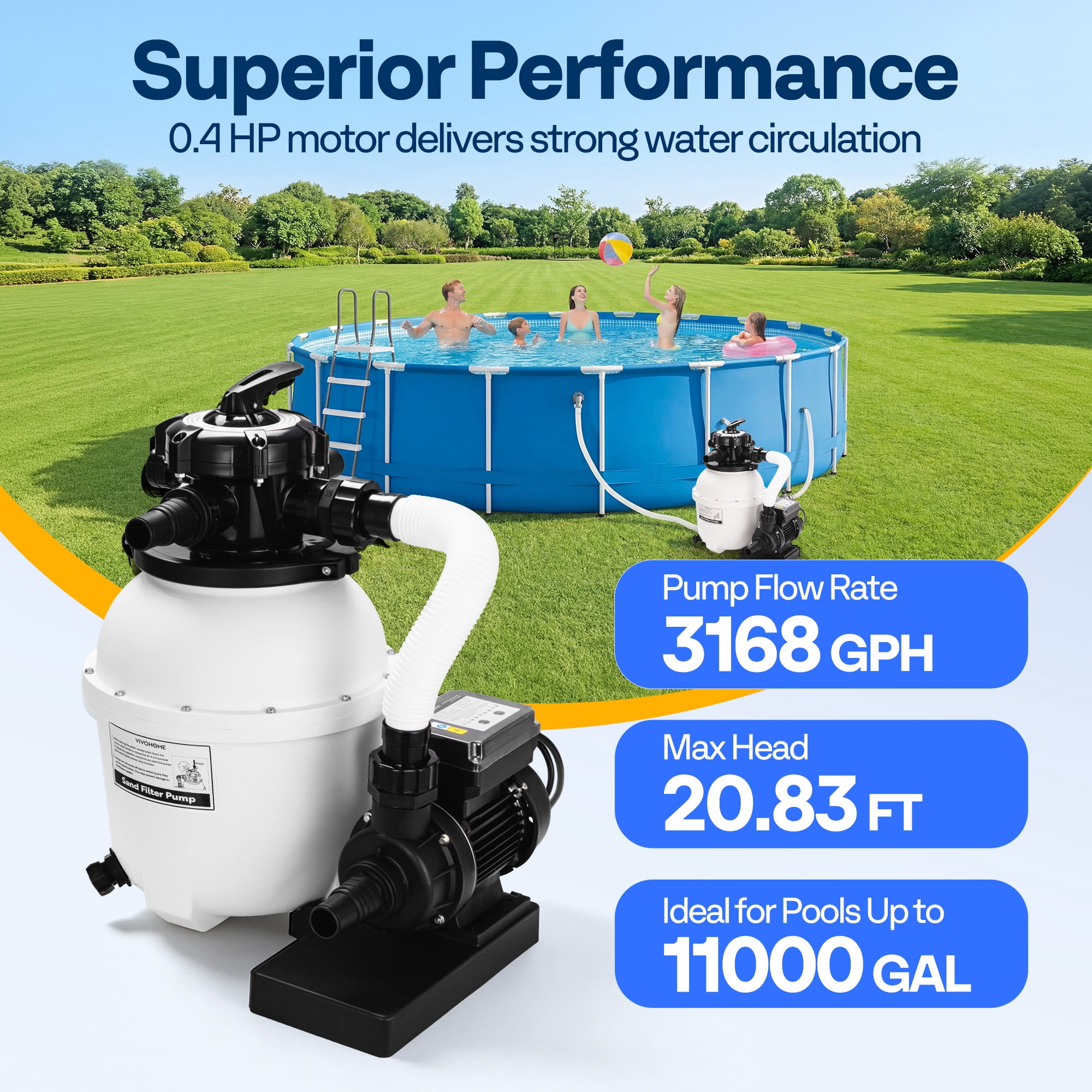 SPECSTAR 12" Sand Filter Pump 3168GPH for  Above Ground Pools Up to 11000Gallons,   Pool Filter System with 6-Way Multi-Port Valve, Digital Timer & Pressure Gauge, Heavy Duty Silent Motor