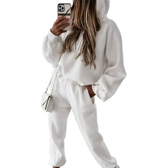 Avamo Ladies Two Piece Outfit Long Sleeve Jogger Set Hoodies Sweatsuits Hooded Sweatshirts Sweatpants Jogging Tracksuit Sets White M