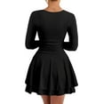 thumbnail image 2 of Women's Square Neck Ruffle Hem Mini Dress Ruched Waist Long Sleeve Short Party Dresses, 2 of 7