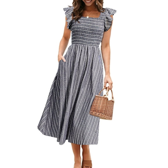 Vestido Miessial, vestido midi de lino de verano con cuello cuadrado, gris, para mujer