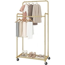 Double Rod Clothes Garment Rack - Heavy Duty Rolling with Wheels, 4 Hooks, Gold