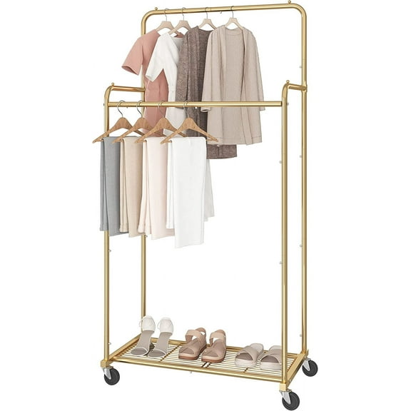 Double Rod Clothes Garment Rack - Heavy Duty Rolling with Wheels, 4 Hooks, Gold