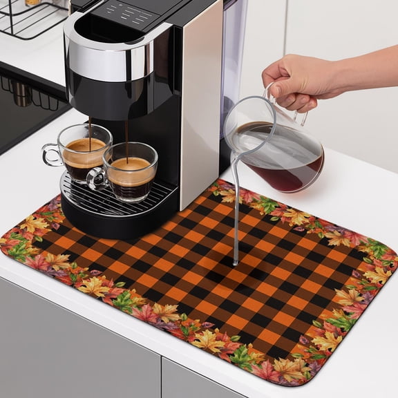 Thanksgiving Fall Dish Drying Mats for Kitchen Counter, Botanical Border Green Maple Leaf Orange Black Plaid Absorbent Coffee Bar Mat with Non-slip Rubber Backed Quick Drying Dish Rack Pad 12"x16"