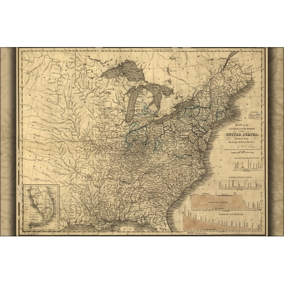 24"x36" Gallery Poster, Map of canals & railroads United States 1830 p2